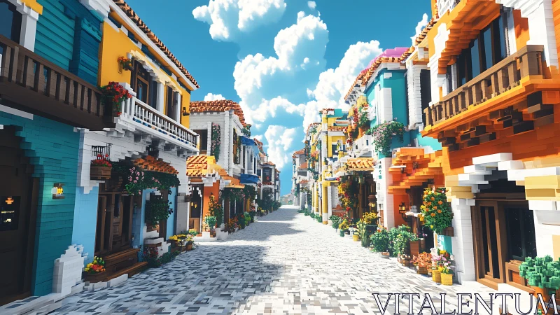 Voxel-rendered Mediterranean street with high saturation lighting
