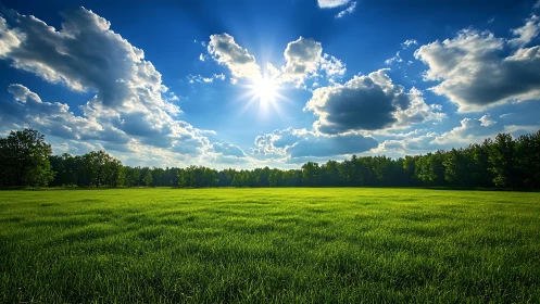 Low-angle grassy meadow under high-contrast cumulus sky at noon