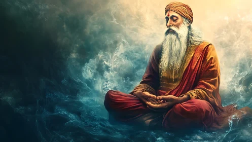 Elderly robed man meditating amid swirling mist and light.