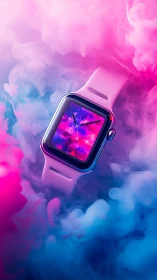 Smartwatch floats inside neon pink and blue vapor cloud.