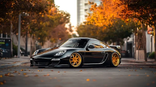 Low-slung black sports coupe on city street in autumn glow.
