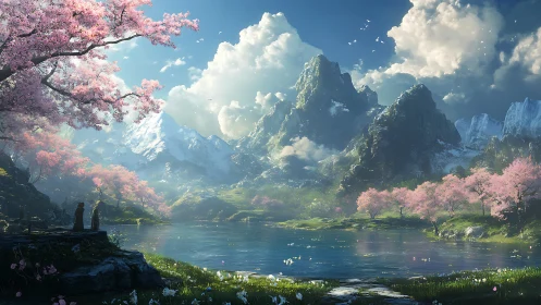 Serene cherry blossom valley beneath towering snow peaks.