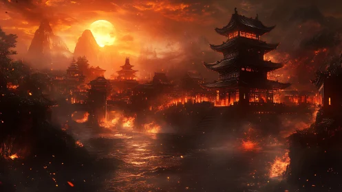 Ancient mountain city burns beneath a blazing apocalyptic sun