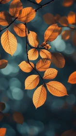 Golden autumn leaves glow against cool teal bokeh background