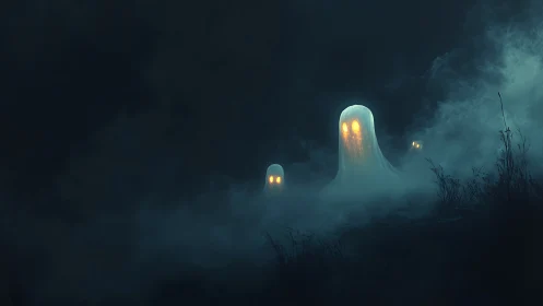 Glowing ghosts drift through dense fog in dark landscape.