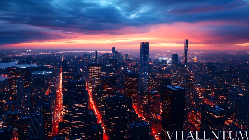 Neon dusk over a vast futuristic metropolis skyline.