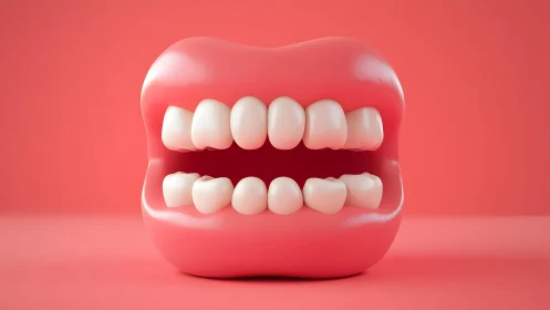 3D Illustration of Cartoon Mouth with Crooked Teeth on Pink Background.