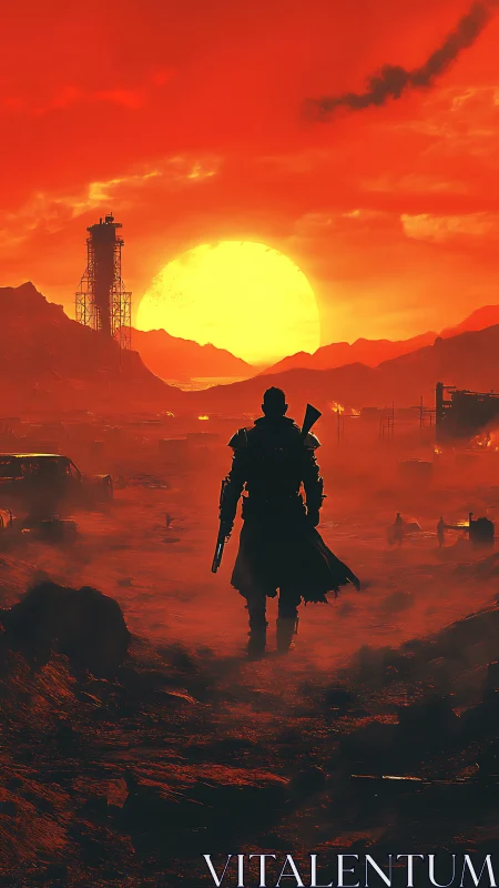 Lone wanderer strides toward a blazing post apocalyptic sun.