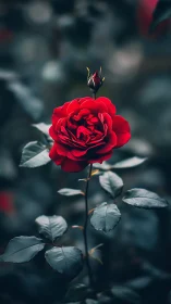 Red Rose with Unopened Bud in Natural Garden Setting