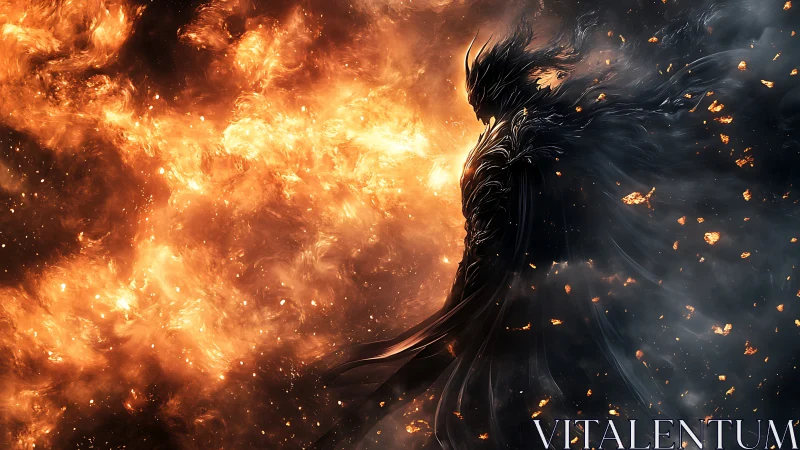 Dark armored figure stands against swirling inferno.