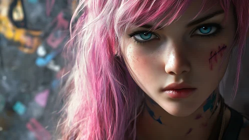 Neon‑haired rebel stares ahead with icy, defiant focus.