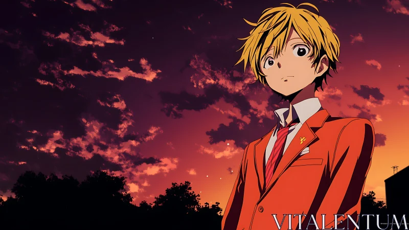 Blond student in orange suit under vivid sunset sky.
