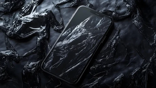 Modern smartphone on glossy black abstract surface, dramatic lighting.