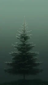 Photorealistic solitary fir tree in atmospheric fog field.