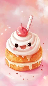 Animated pastry with anthropomorphic features and striped straw.