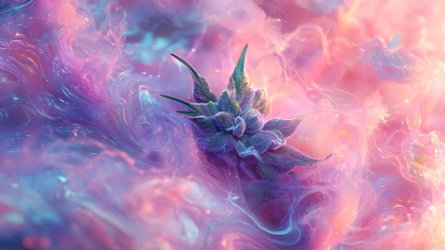 Digitally rendered plant-like form rests in iridescent fluid
