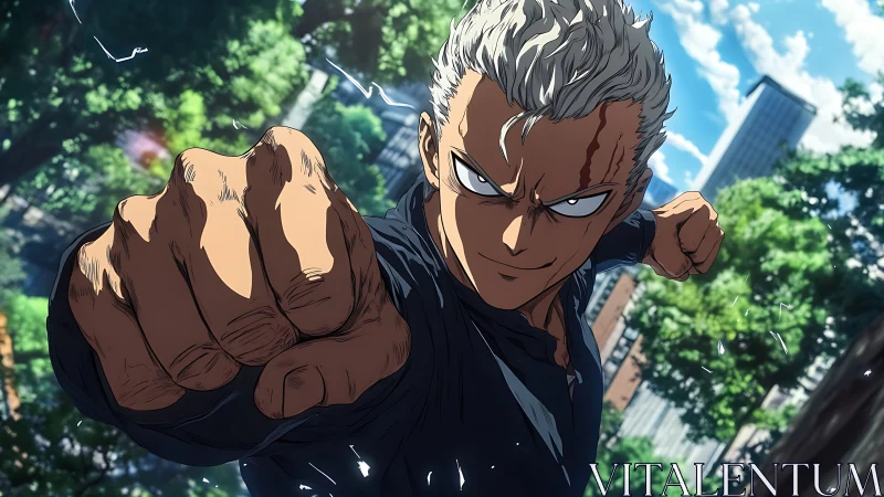 Dynamic urban punch vector with foreshortened anime anatomy.