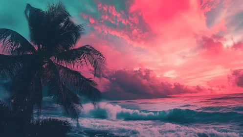 Chromatically inverted tropical shoreline with neon sky panorama.