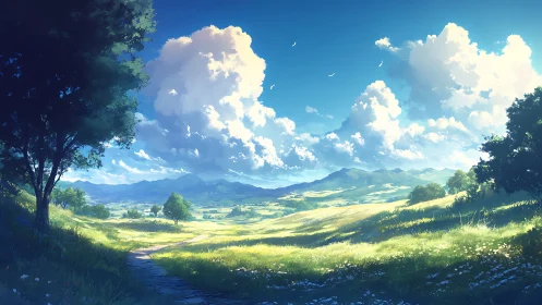 Sunlit rural valley with distant mountains and cumulus clouds.