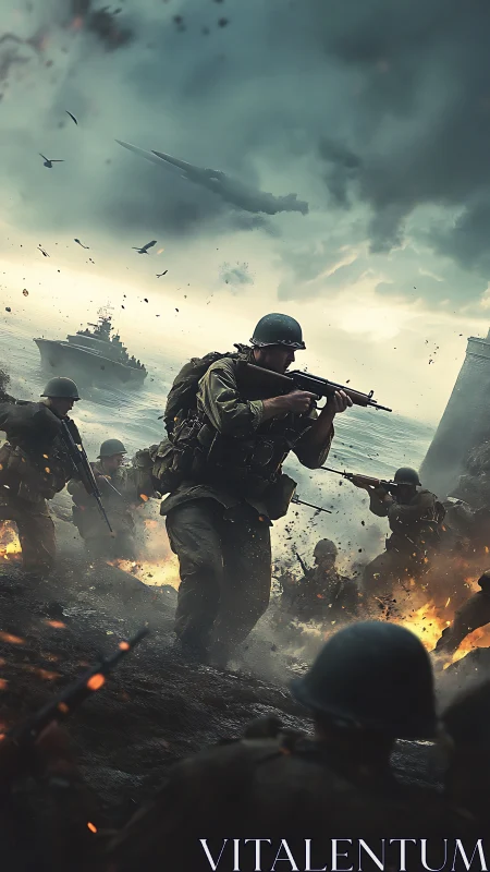 Soldiers storm beachhead under heavy fire and dark skies