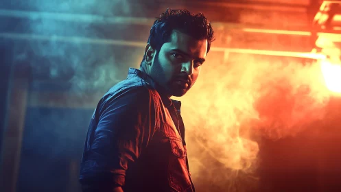 Smoky neon portrait captures a bold, confident gaze at dusk