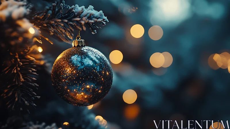 Macro view of reflective Christmas bauble with warm bokeh lighting