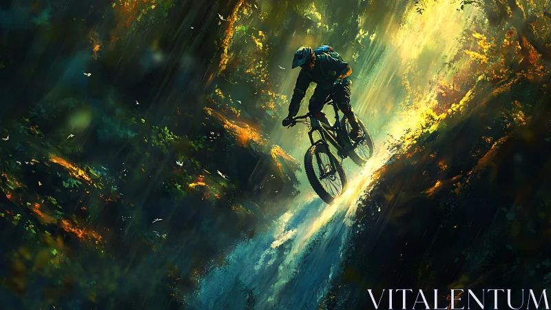 Mountain Biker Descending Luminous Forest Canyon Trail.