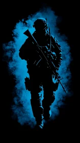 Midnight commando strides through neon fog with silent resolve