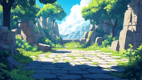 Stone path through rocky forest clearing under blue sky.