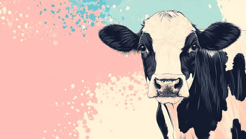 Graphic Holstein portrait on pastel splatter gradient background.