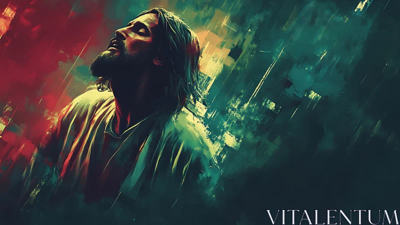 Bearded man tilts head upward amid abstract color streaks