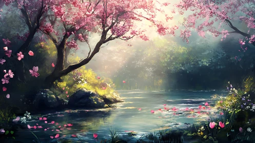 Radiant cherry grove over reflective spring-fed forest pool.