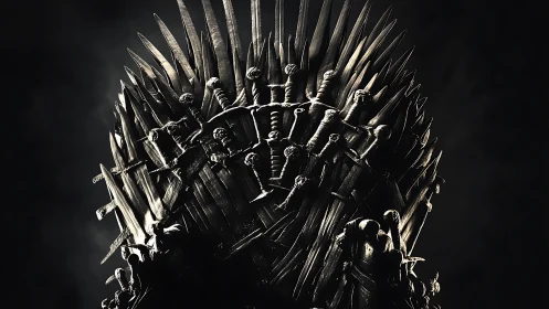 Iron sword throne under harsh spotlight in dark void.