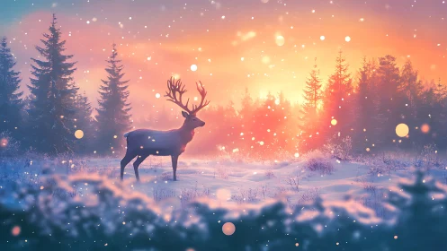 Gentle winter stag pauses in glowing sunrise snowfall