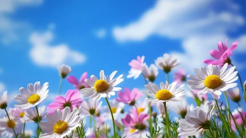 White and Pink Daisies Against Blue Sky.
