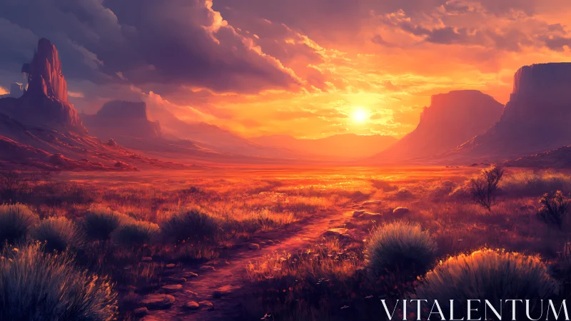 Desert valley sunset ignites sky with molten gold light.