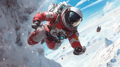 High-altitude astronaut in red EVA suit descends through icy clouds