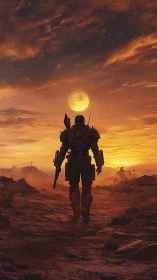Armored space soldier walking across a red desert at dusk.
