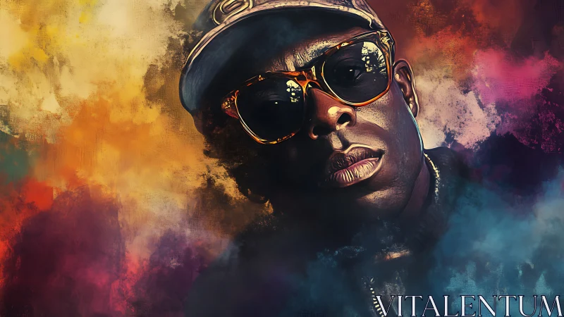 Moody streetwear portrait amid explosive color clouds.