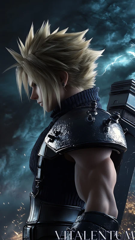 Stormlit warrior broods beneath crackling electric skies.