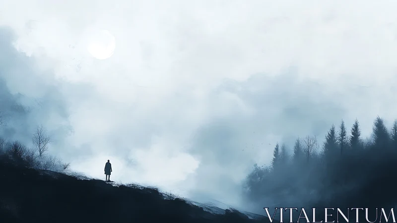 Solitary figure stands on mist-covered hillside under moon