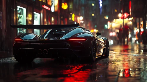 Midnight supercar gliding through neon soaked city streets.
