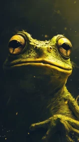 Close-up digital portrait of a green frog in dim light.