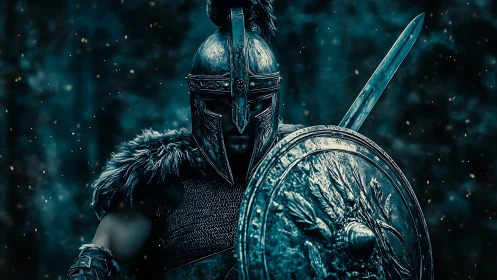 Armored warrior stands with sword and shield in low light