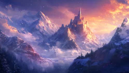 Sunlit icebound citadel crowned by burning winter sky.