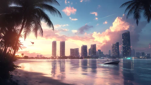 Coastal city skyline with palm trees and motorboat at dusk.
