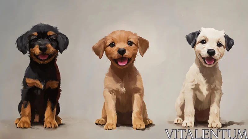 Three happy puppies sitting side by side in a studio