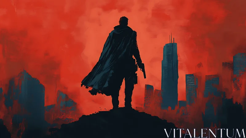 Lone armed figure dominates crimson dystopian skyline.