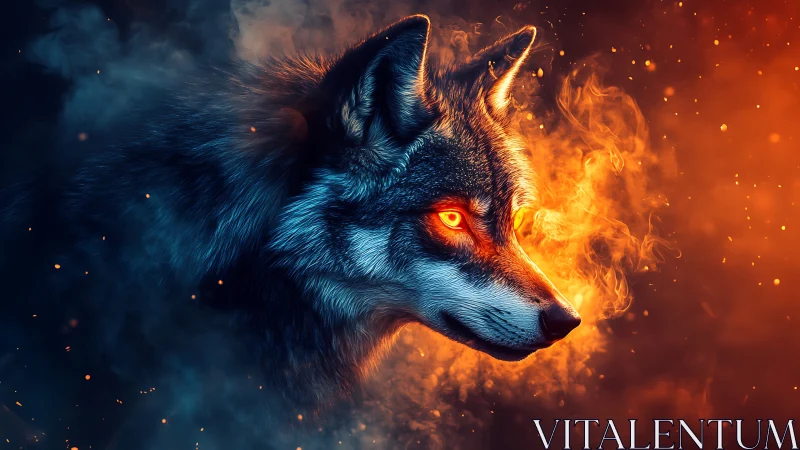 Digital painting of firelit wolf profile with dual-tone smoke.