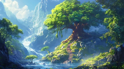 Luminous Canyon: Where Ancient Roots Meet Cascading Waters.